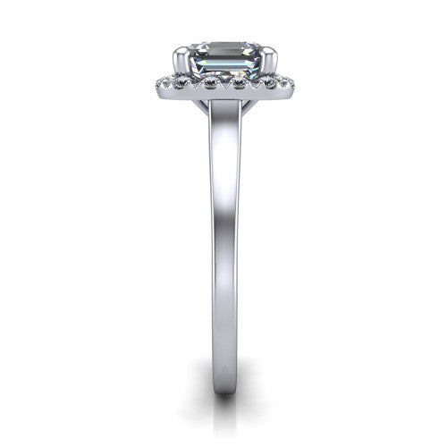 Helen square emerald-cut halo engagement ring in 14K White Gold, side profile showing the pavé halo, under-gallery, and polished band