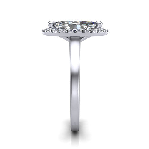 Helen marquise-cut halo engagement ring in 18K White Gold, side profile showing the pavé halo, under-gallery, and polished band