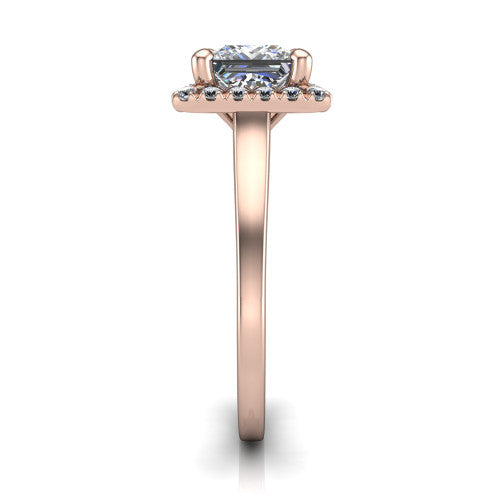 Helen princess-cut halo engagement ring in 14K Rose Gold, side profile showing the pavé halo, under-gallery, and polished band