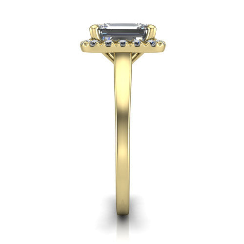 Helen emerald-cut halo engagement ring in 18K Yellow Gold, side profile showing the pavé halo, under-gallery, and polished band