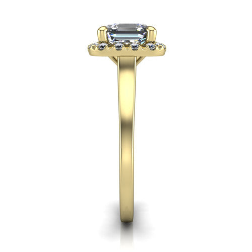 Helen square emerald-cut halo engagement ring in 14K Yellow Gold, side profile showing the pavé halo, under-gallery, and polished band