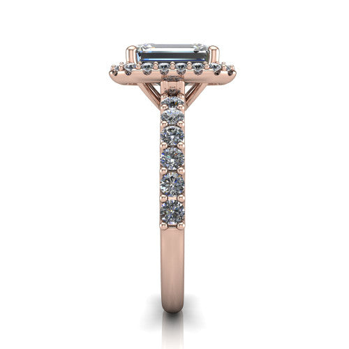 Mabel emerald halo engagement ring in 18K Rose Gold, side profile showing the pave band and open basket