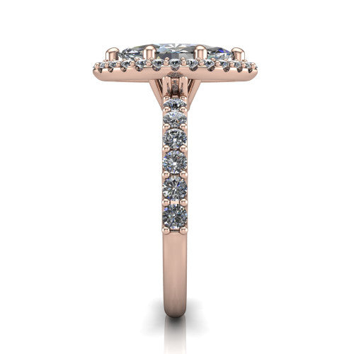 Mabel marquise halo engagement ring in 18K Rose Gold, side profile showing the pave band and open basket