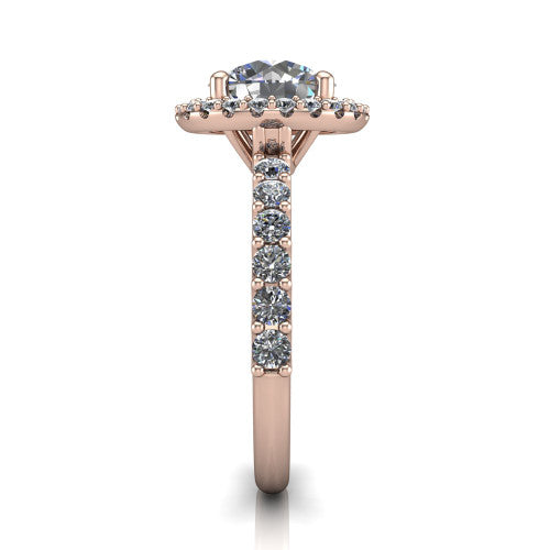 Mabel round halo engagement ring in 14K Rose Gold, side profile showing the pave band and open basket