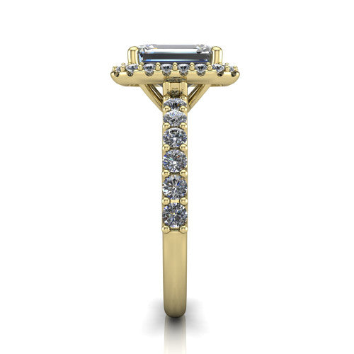 Mabel emerald halo engagement ring in 18K Yellow Gold, side profile showing the pave band and open basket