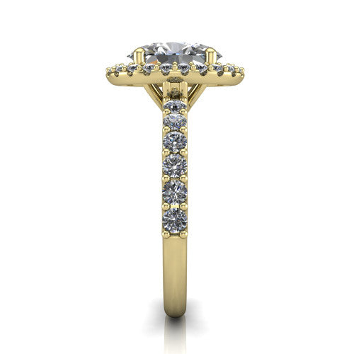 Mabel oval halo engagement ring in 18K Yellow Gold, side profile showing the pave band and open basket