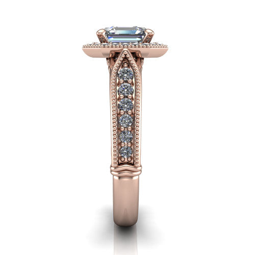 Liana Square Emerald Shape Halo Engagement Ring in 14K Rose Gold