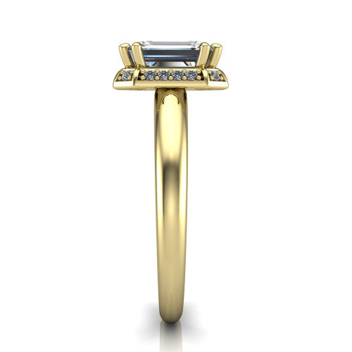 Maris emerald-cut vintage halo engagement ring in 18K Yellow Gold, side profile showing the octagonal halo and polished band