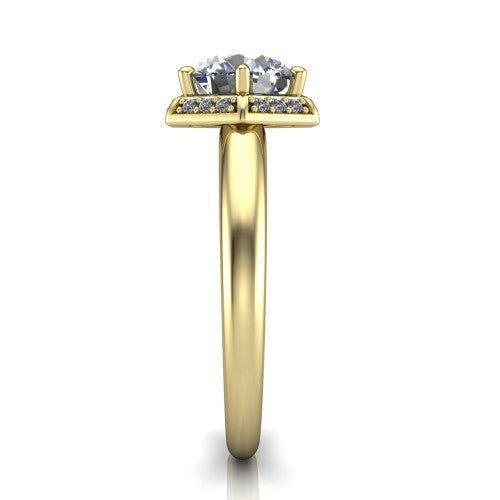 Maris round vintage halo engagement ring in 18K Yellow Gold, side profile showing the octagonal halo and polished band
