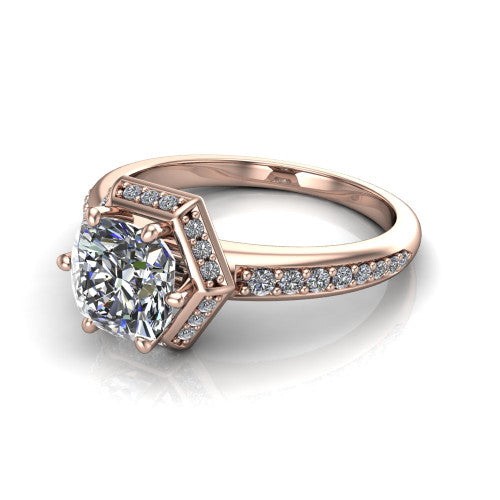 Tessa cushion halo engagement ring in 14K Rose Gold, three-quarter perspective showing the cushion center diamond, square pave halo, and pave band
