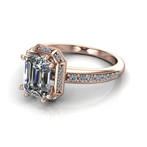 Tessa emerald halo engagement ring in 14K Rose Gold, three-quarter perspective showing the emerald center diamond, square pave halo, and pave band