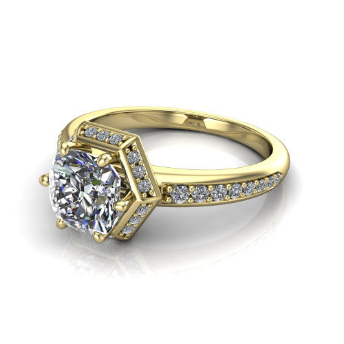 Tessa cushion halo engagement ring in 14K Yellow Gold, three-quarter perspective showing the cushion center diamond, square pave halo, and pave band