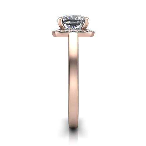 Coralie cushion-cut halo engagement ring in 14K Rose Gold, side profile showing the pavé halo, filigree gallery, and polished band