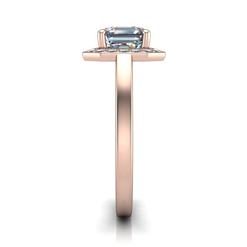 Coralie square emerald-cut halo engagement ring in 14K Rose Gold, side profile showing the pavé halo, filigree gallery, and polished band