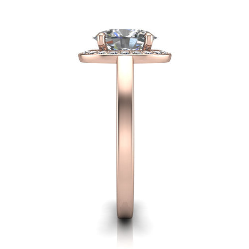 Coralie oval halo engagement ring in 18K Rose Gold, side profile showing the pavé halo, filigree gallery, and polished band