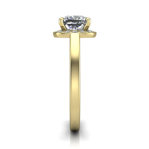 Coralie cushion-cut halo engagement ring in 14K Yellow Gold, side profile showing the pavé halo, filigree gallery, and polished band
