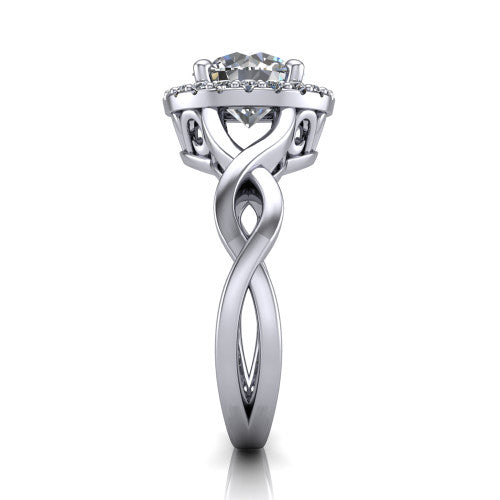 Demi round halo engagement ring in 18K White Gold, side profile showing the infinity-twist shank and pavé halo
