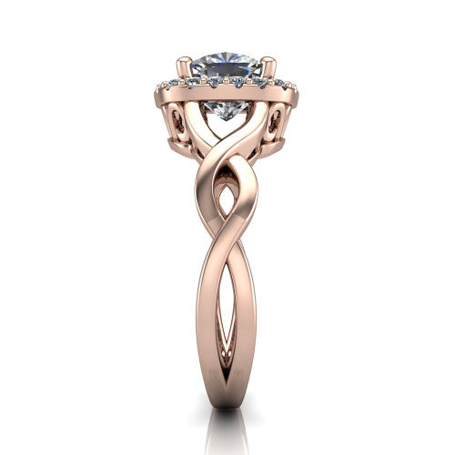 Demi cushion-cut halo engagement ring in 14K Rose Gold, side profile showing the infinity-twist shank and pavé halo