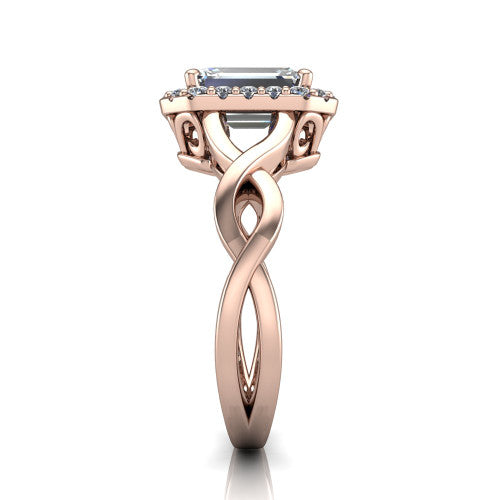 Demi emerald-cut halo engagement ring in 18K Rose Gold, side profile showing the infinity-twist shank and pavé halo
