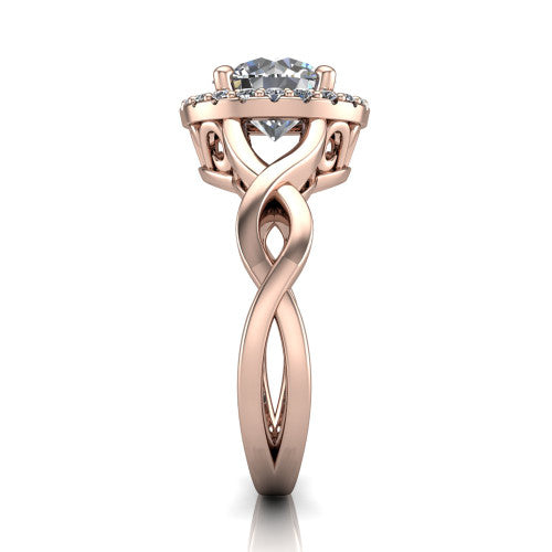 Demi round halo engagement ring in 14K Rose Gold, side profile showing the infinity-twist shank and pavé halo