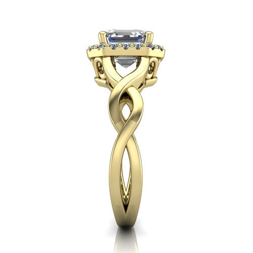 Demi square emerald-cut halo engagement ring in 18K Yellow Gold, side profile showing the infinity-twist shank and pavé halo
