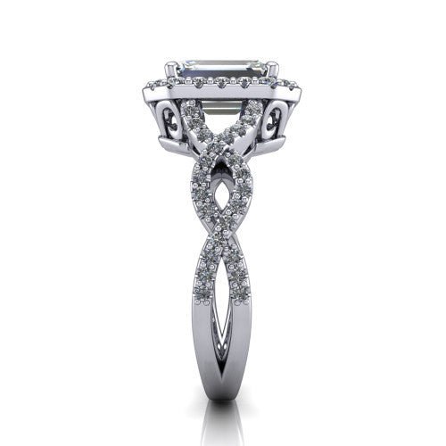 Azalea emerald-cut double halo engagement ring in Platinum, side profile showing the infinity-twist pavé shank and double halo
