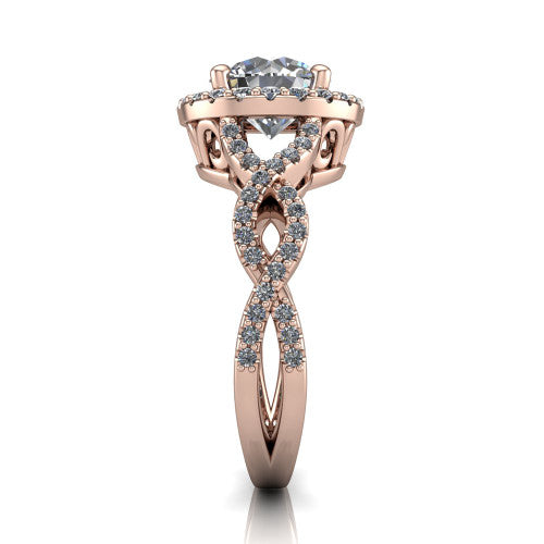 Azalea round double halo engagement ring in 14K Rose Gold, side profile showing the infinity-twist pavé shank and double halo