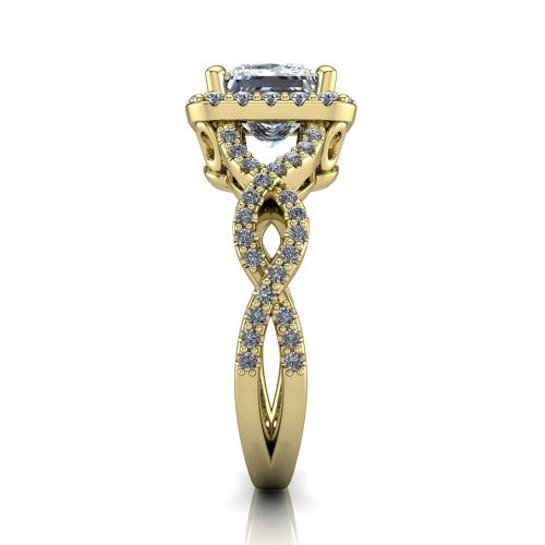 Azalea princess-cut double halo engagement ring in 18K Yellow Gold, side profile showing the infinity-twist pavé shank and double halo