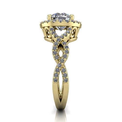 Azalea round double halo engagement ring in 18K Yellow Gold, side profile showing the infinity-twist pavé shank and double halo