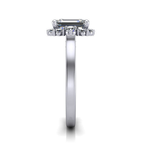 Elise emerald halo engagement ring in Platinum, side profile showing the vintage bridge detail and polished band