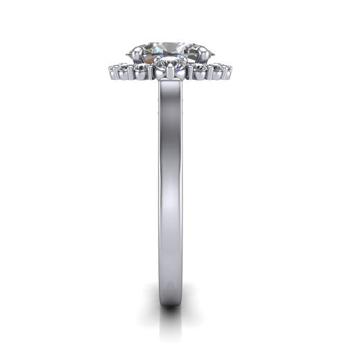 Elise oval halo engagement ring in Platinum, side profile showing the vintage bridge detail and polished band