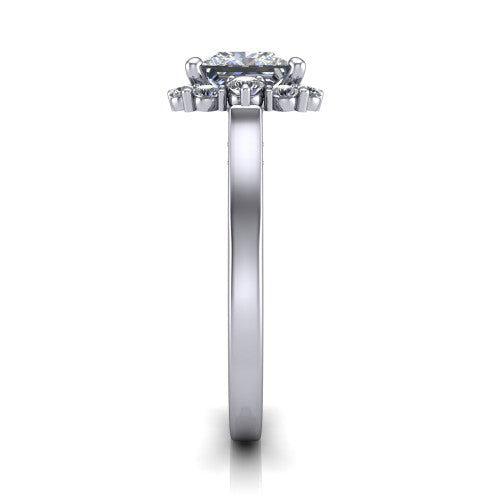 Elise princess halo engagement ring in 14K White Gold, side profile showing the vintage bridge detail and polished band