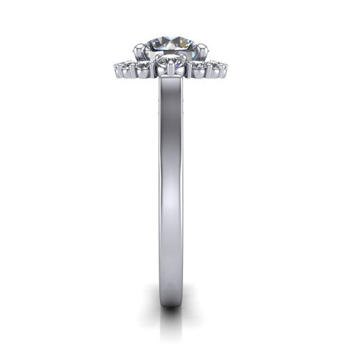 Elise round halo engagement ring in 14K White Gold, side profile showing the vintage bridge detail and polished band