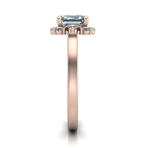 Elise square emerald halo engagement ring in 14K Rose Gold, side profile showing the vintage bridge detail and polished band