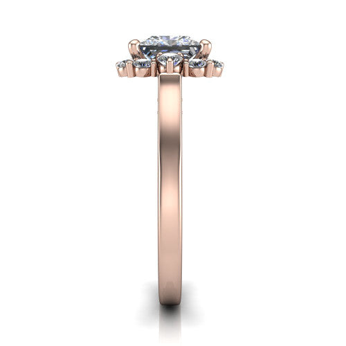 Elise princess halo engagement ring in 18K Rose Gold, side profile showing the vintage bridge detail and polished band
