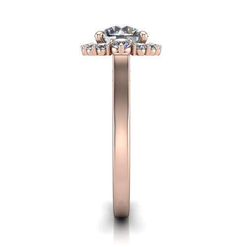 Elise round halo engagement ring in 18K Rose Gold, side profile showing the vintage bridge detail and polished band
