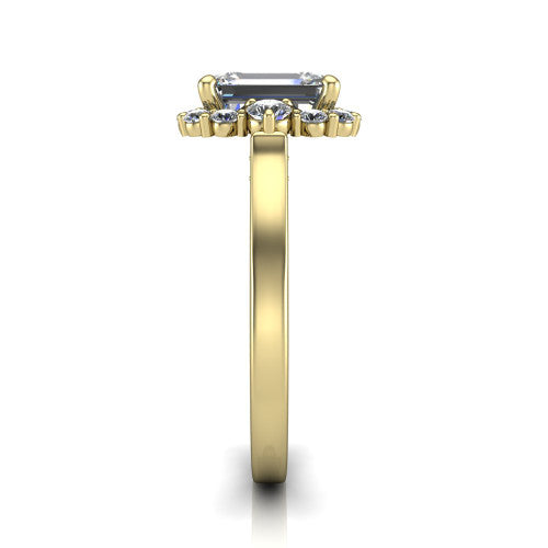 Elise emerald halo engagement ring in 14K Yellow Gold, side profile showing the vintage bridge detail and polished band