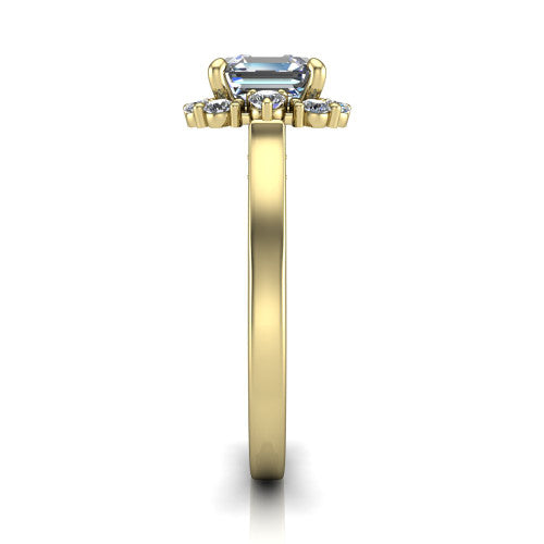 Elise square emerald halo engagement ring in 18K Yellow Gold, side profile showing the vintage bridge detail and polished band