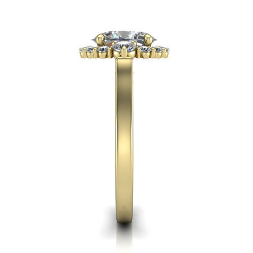 Elise oval halo engagement ring in 14K Yellow Gold, side profile showing the vintage bridge detail and polished band