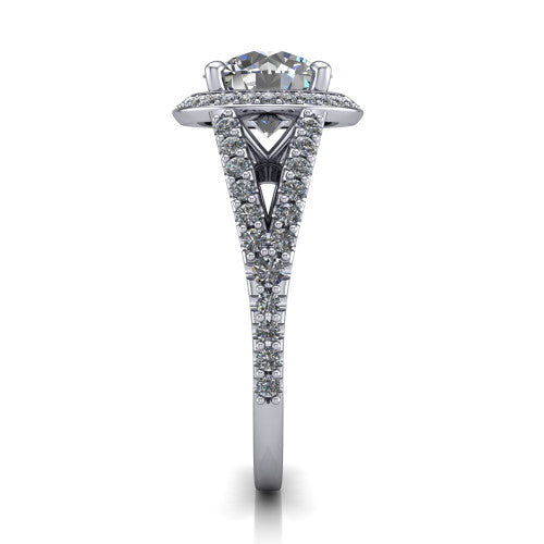 Felicity round halo engagement ring in 14K White Gold, side profile showing the pavé halo and pavé split shank