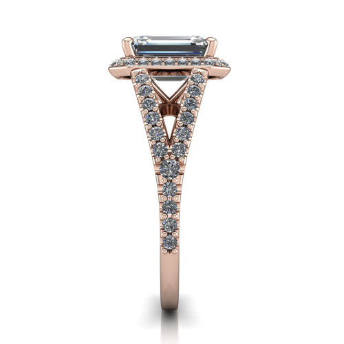 Felicity emerald-cut halo engagement ring in 18K Rose Gold, side profile showing the pavé halo and pavé split shank