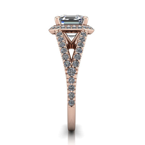 Felicity square emerald-cut halo engagement ring in 14K Rose Gold, side profile showing the pavé halo and pavé split shank
