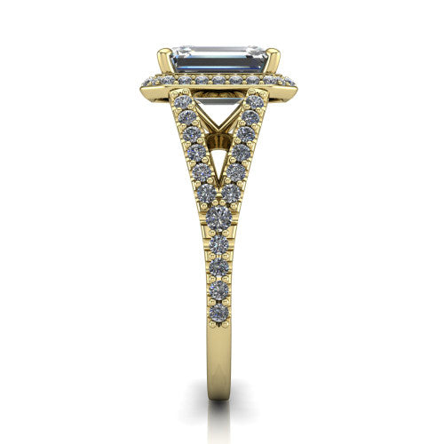 Felicity emerald-cut halo engagement ring in 14K Yellow Gold, side profile showing the pavé halo and pavé split shank