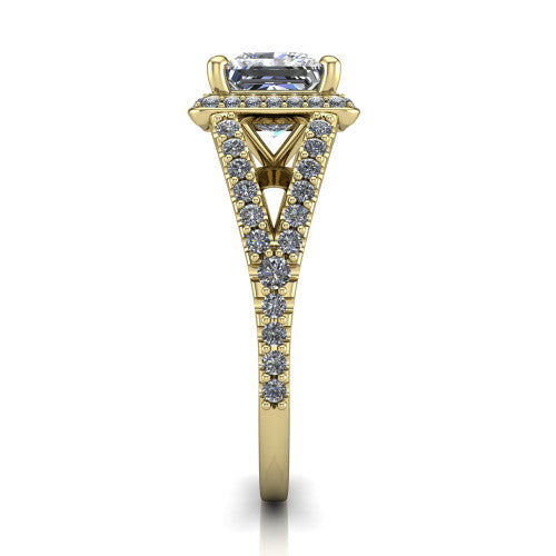 Felicity princess-cut halo engagement ring in 14K Yellow Gold, side profile showing the pavé halo and pavé split shank