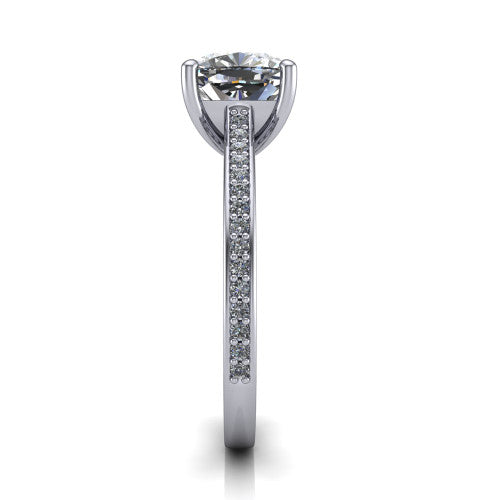 Nicole cushion solitaire engagement ring in 14K White Gold, side profile showing the vintage scrollwork engraving on the band