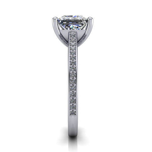Nicole princess solitaire engagement ring in 14K White Gold, side profile showing the vintage scrollwork engraving on the band