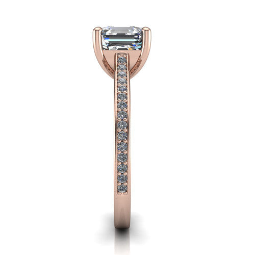 Nicole square emerald solitaire engagement ring in 14K Rose Gold, side profile showing the vintage scrollwork engraving on the band