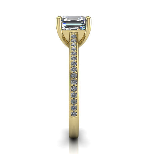 Nicole square emerald solitaire engagement ring in 14K Yellow Gold, side profile showing the vintage scrollwork engraving on the band