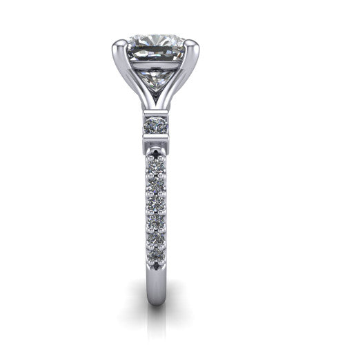 Arabella cushion solitaire engagement ring in 18K White Gold, side profile showing the bezel-set square accents and pave band