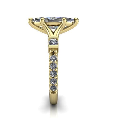Arabella marquise solitaire engagement ring in 18K Yellow Gold, side profile showing the bezel-set square accents and pave band